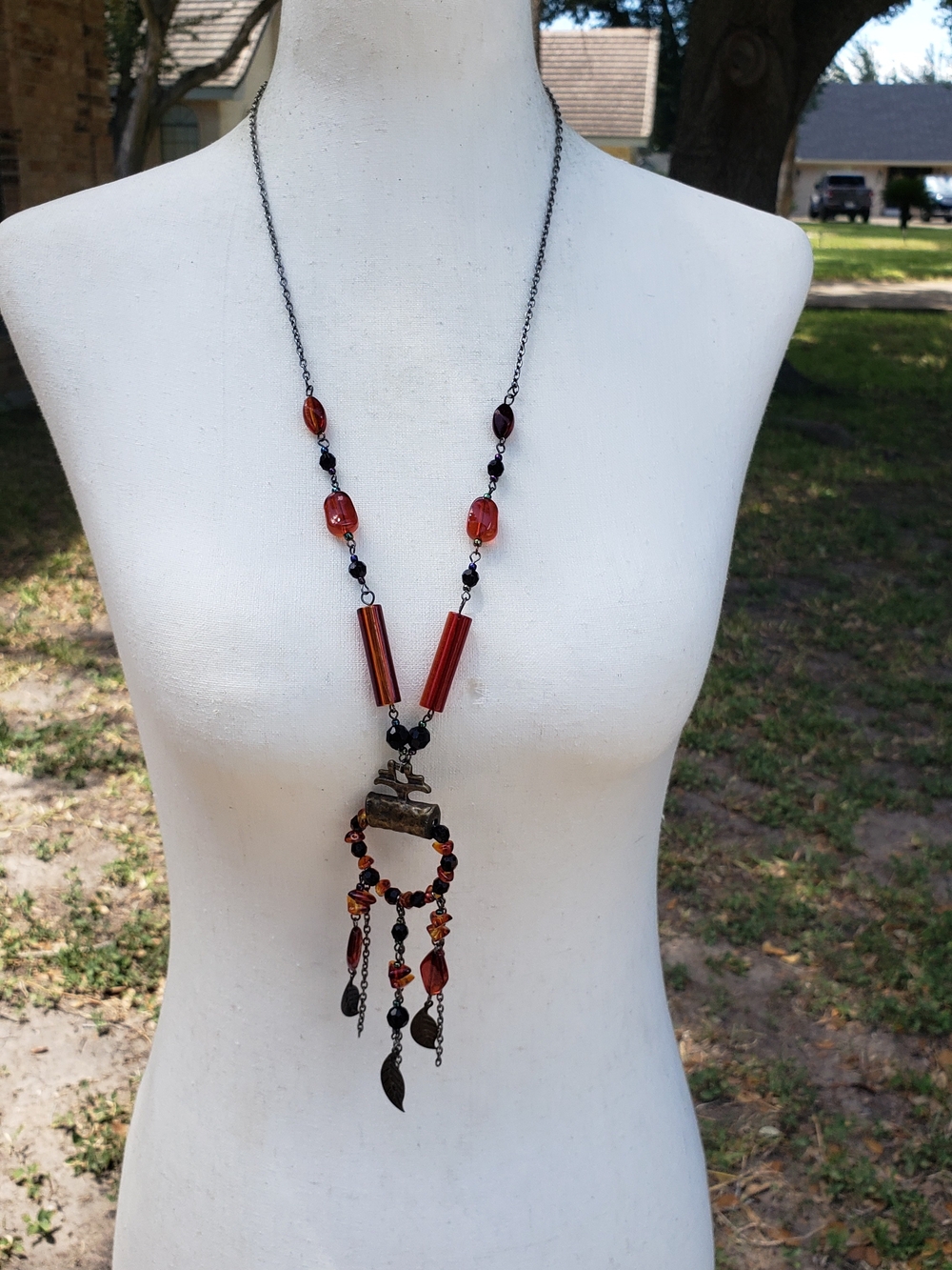 Boho Amber Bead Dangle Necklace - Unbranded